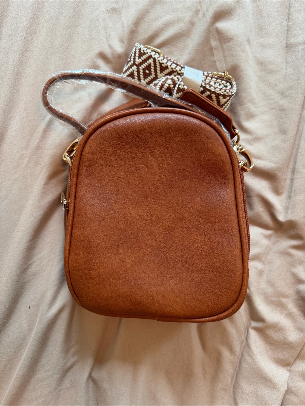 Everyday Tan Crossbody Bag with Removable Woven Accent Strap